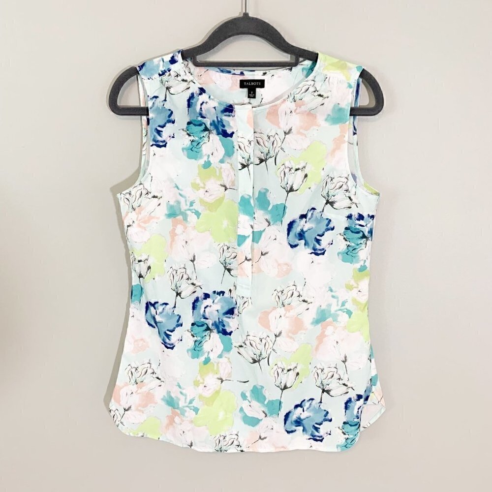 Talbots Sleeveless Floral Blouse Women 2 Mint Blue‎ Watercolor Shell Top